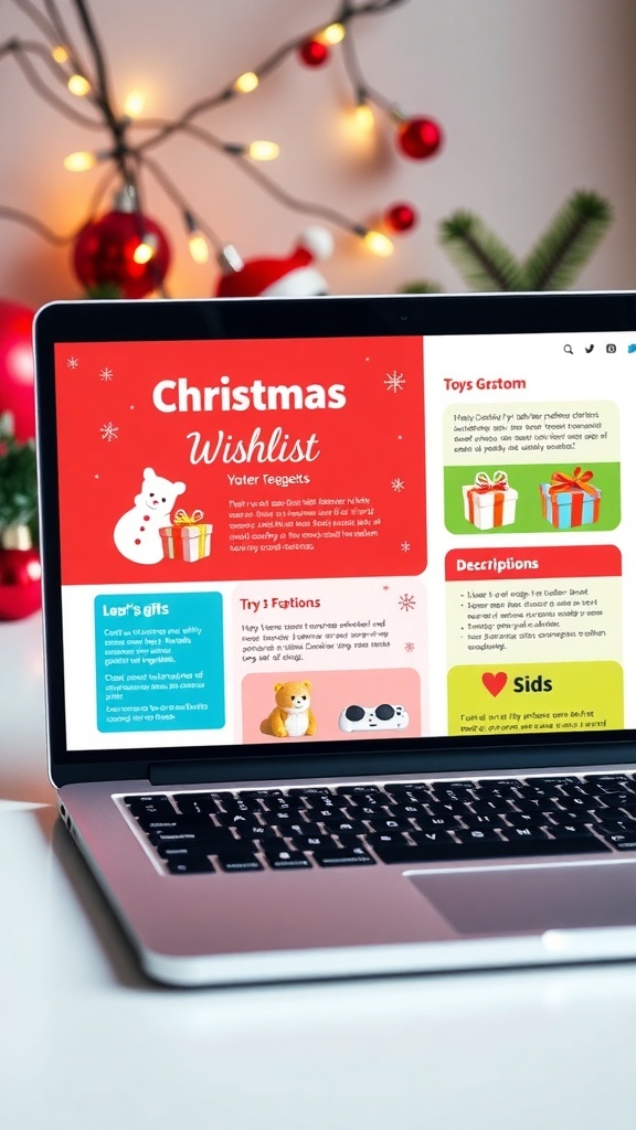 Christmas wishlist presentation template on a laptop with colorful gift images and festive decorations.